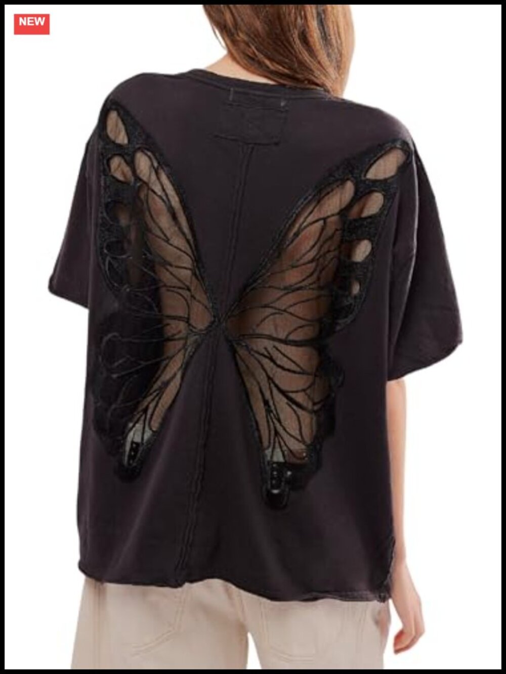 Women's Sheer Butterfly T-Shirt Cutout Back Oversized Tee